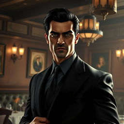 A 32-year-old Mafia boss portrayed with striking black hair and deep black eyes, dressed in an elegant black suit
