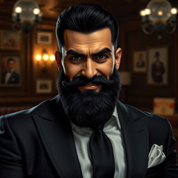 A 32-year-old Mafia boss characterized by striking black hair and a thick black beard, complemented by deep black eyes