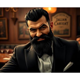 A 32-year-old Mafia boss characterized by striking black hair and a thick black beard, complemented by deep black eyes