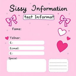 A vibrant pink contact information sheet designed for a playful, cheeky theme with the title 'Sissy Contact Information'