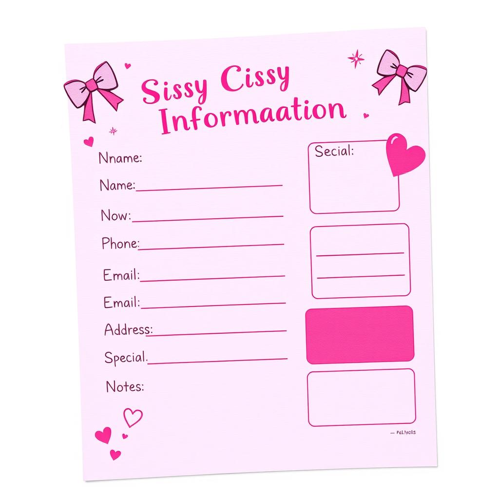 A vibrant pink contact information sheet designed for a playful, cheeky theme with the title 'Sissy Contact Information'