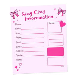 A vibrant pink contact information sheet designed for a playful, cheeky theme with the title 'Sissy Contact Information'