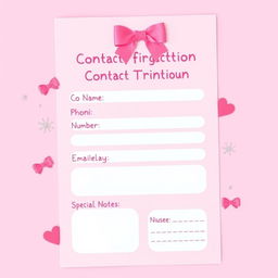 A vibrant pink contact information sheet designed for a playful, cheeky theme with the title 'Sissy Contact Information'