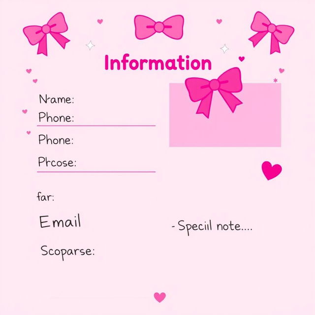 A vibrant pink contact information sheet designed for a playful, cheeky theme with the title 'Sissy Contact Information'