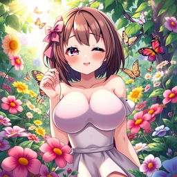 An anime girl with very large breasts, depicted in a stylized manner, with a playful yet innocent expression on her face