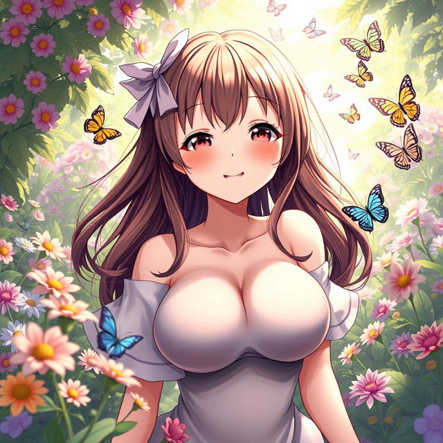 An anime girl with very large breasts, depicted in a stylized manner, with a playful yet innocent expression on her face