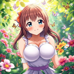 An anime girl with very large breasts, depicted in a stylized manner, with a playful yet innocent expression on her face