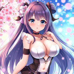 An anime girl with large breasts, featuring a captivating expression and long flowing hair