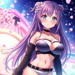 An anime girl with large breasts, featuring a captivating expression and long flowing hair