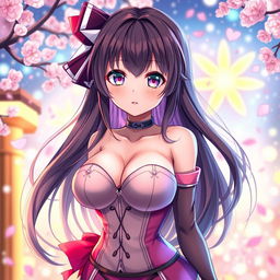 An anime girl with large breasts, featuring a captivating expression and long flowing hair