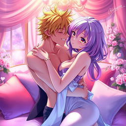 A vibrant and colorful scene inspired by anime, featuring two adult characters in an intimate embrace