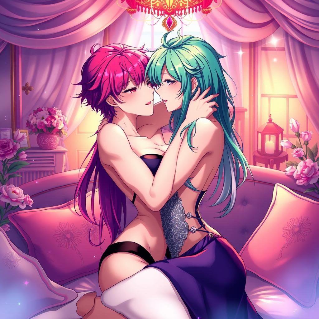 A vibrant and colorful scene inspired by anime, featuring two adult characters in an intimate embrace