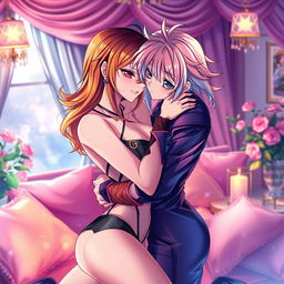 A vibrant and colorful scene inspired by anime, featuring two adult characters in an intimate embrace