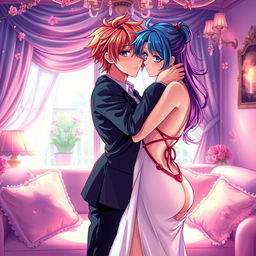 A vibrant and colorful scene inspired by anime, featuring two adult characters in an intimate embrace