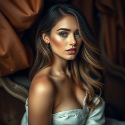 An artistic portrait inspired by the beauty of famous models, featuring a stunning woman with long, cascading hair and striking facial features