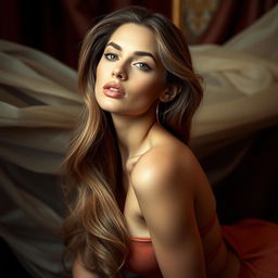 An artistic portrait inspired by the beauty of famous models, featuring a stunning woman with long, cascading hair and striking facial features