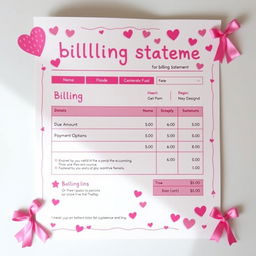 A whimsical and colorful billing statement designed for sissies, featuring a predominantly pink color theme