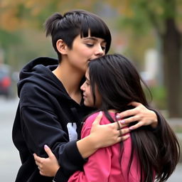 Two lesbian girls embracing in a warm hug