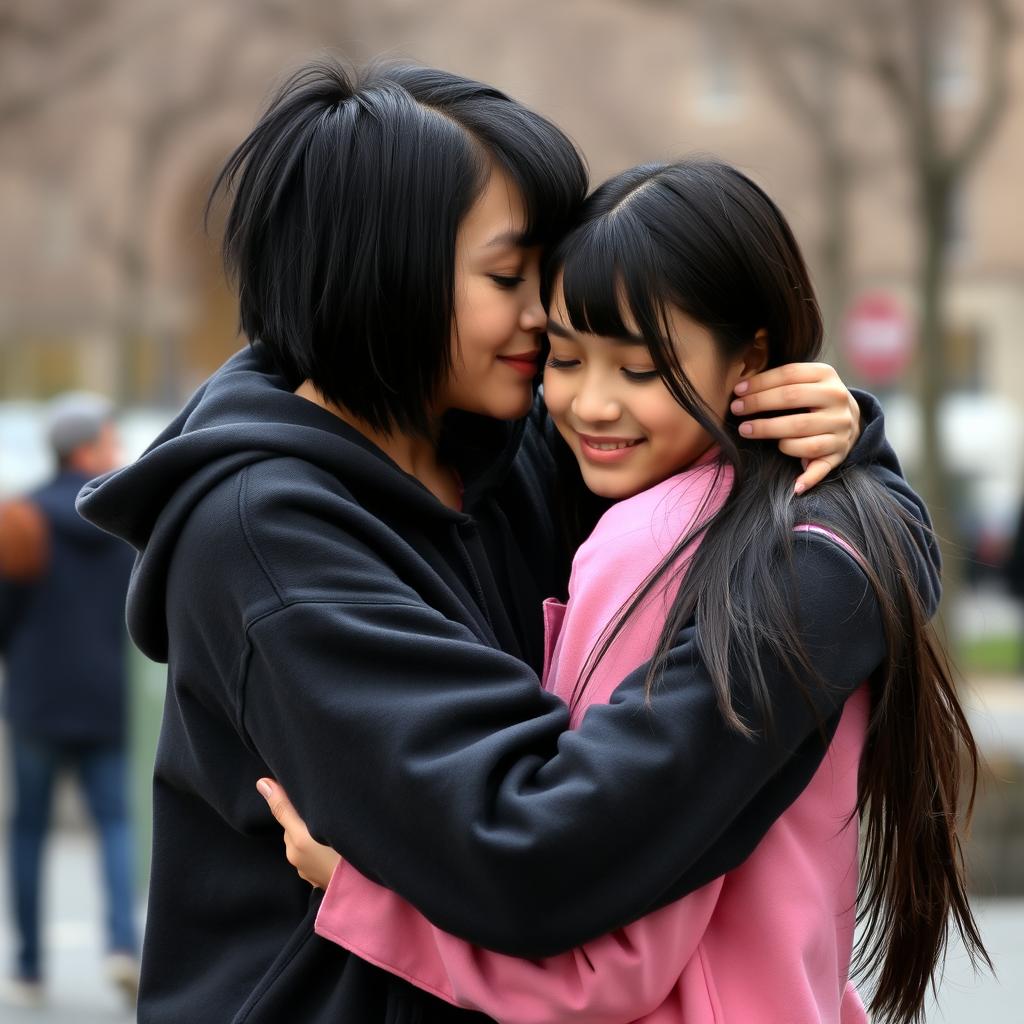 Two lesbian girls embracing in a warm hug
