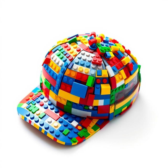 A colorful and detailed image of a cap made entirely of LEGO bricks