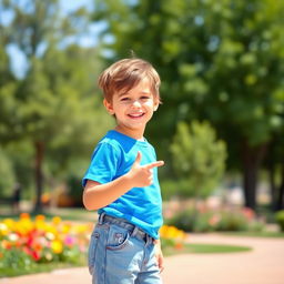 A young boy standing confidently, wearing a bright blue t-shirt and denim shorts
