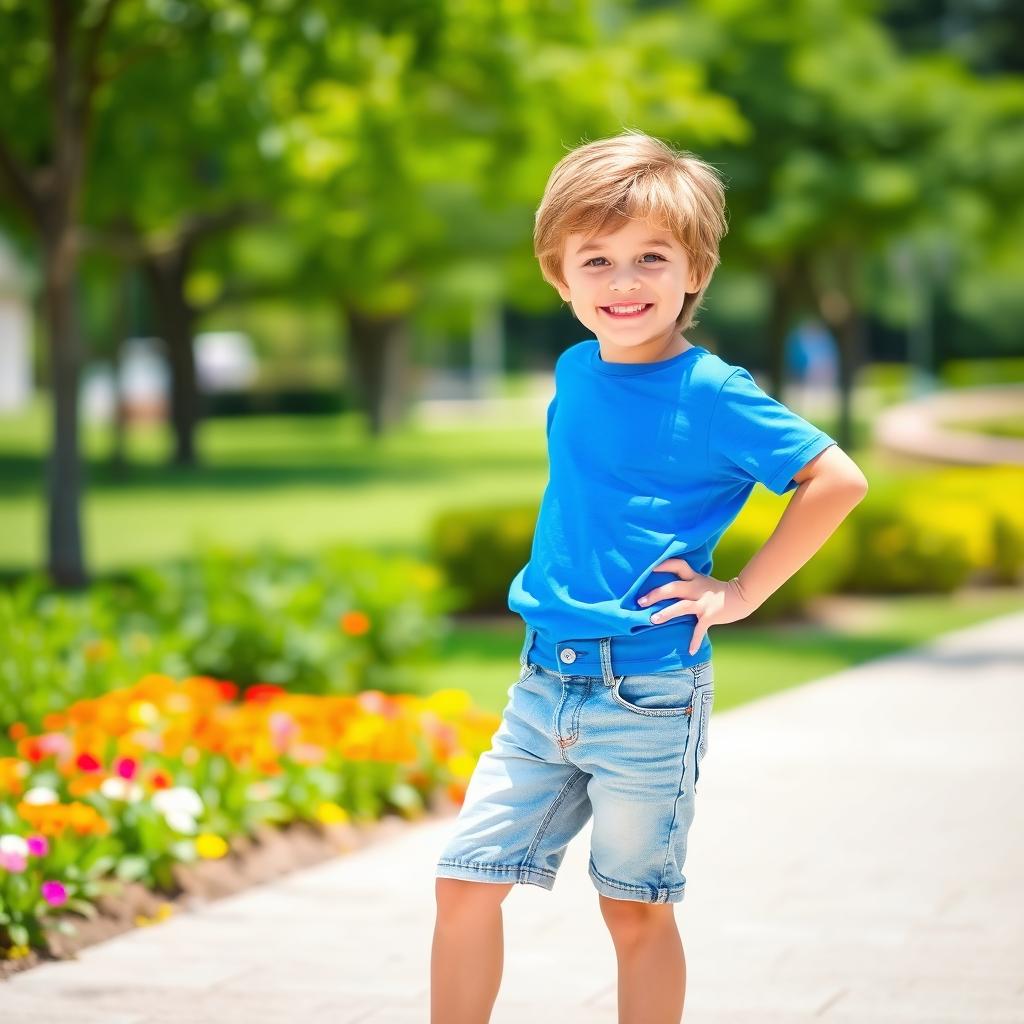 A young boy standing confidently, wearing a bright blue t-shirt and denim shorts