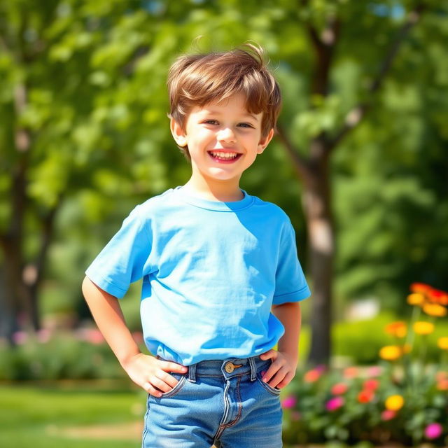 A young boy standing confidently, wearing a bright blue t-shirt and denim shorts