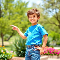 A young boy standing confidently, wearing a bright blue t-shirt and denim shorts