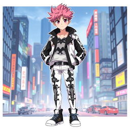 A full-body illustration of a young boy standing confidently, showcasing an anime-inspired look