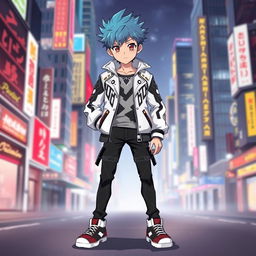 A full-body illustration of a young boy standing confidently, showcasing an anime-inspired look