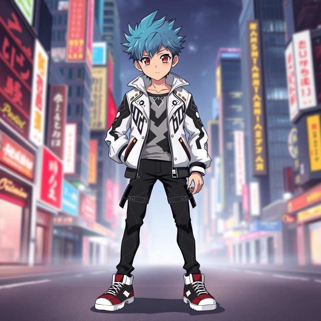 A full-body illustration of a young boy standing confidently, showcasing an anime-inspired look