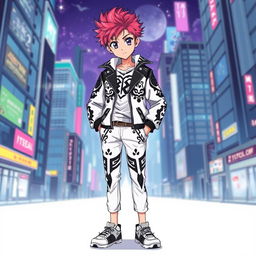 A full-body illustration of a young boy standing confidently, showcasing an anime-inspired look