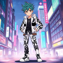 A full-body illustration of a young boy standing confidently, showcasing an anime-inspired look