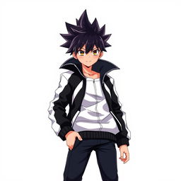 A full body portrait of a boy in an anime style, wearing a striking black and white jacket