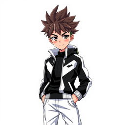 A full body portrait of a boy in an anime style, wearing a striking black and white jacket