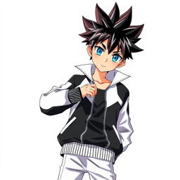 A full body portrait of a boy in an anime style, wearing a striking black and white jacket