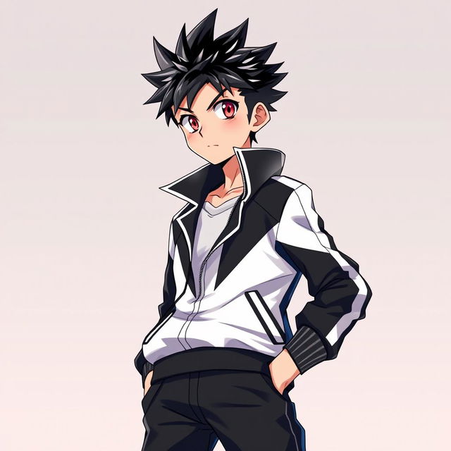 A full body portrait of a boy in an anime style, wearing a striking black and white jacket