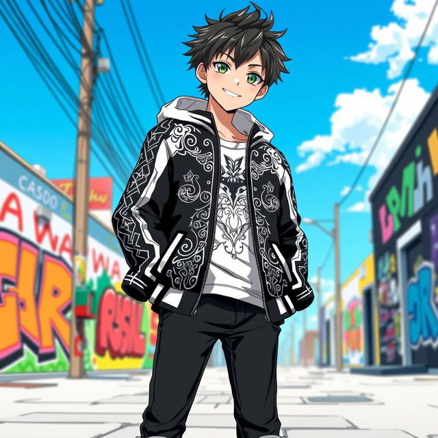 A handsome boy standing confidently while wearing a stylish black and white jacket, depicted in anime style