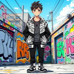 A handsome boy standing confidently while wearing a stylish black and white jacket, depicted in anime style