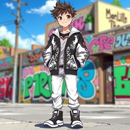 A handsome boy standing confidently while wearing a stylish black and white jacket, depicted in anime style