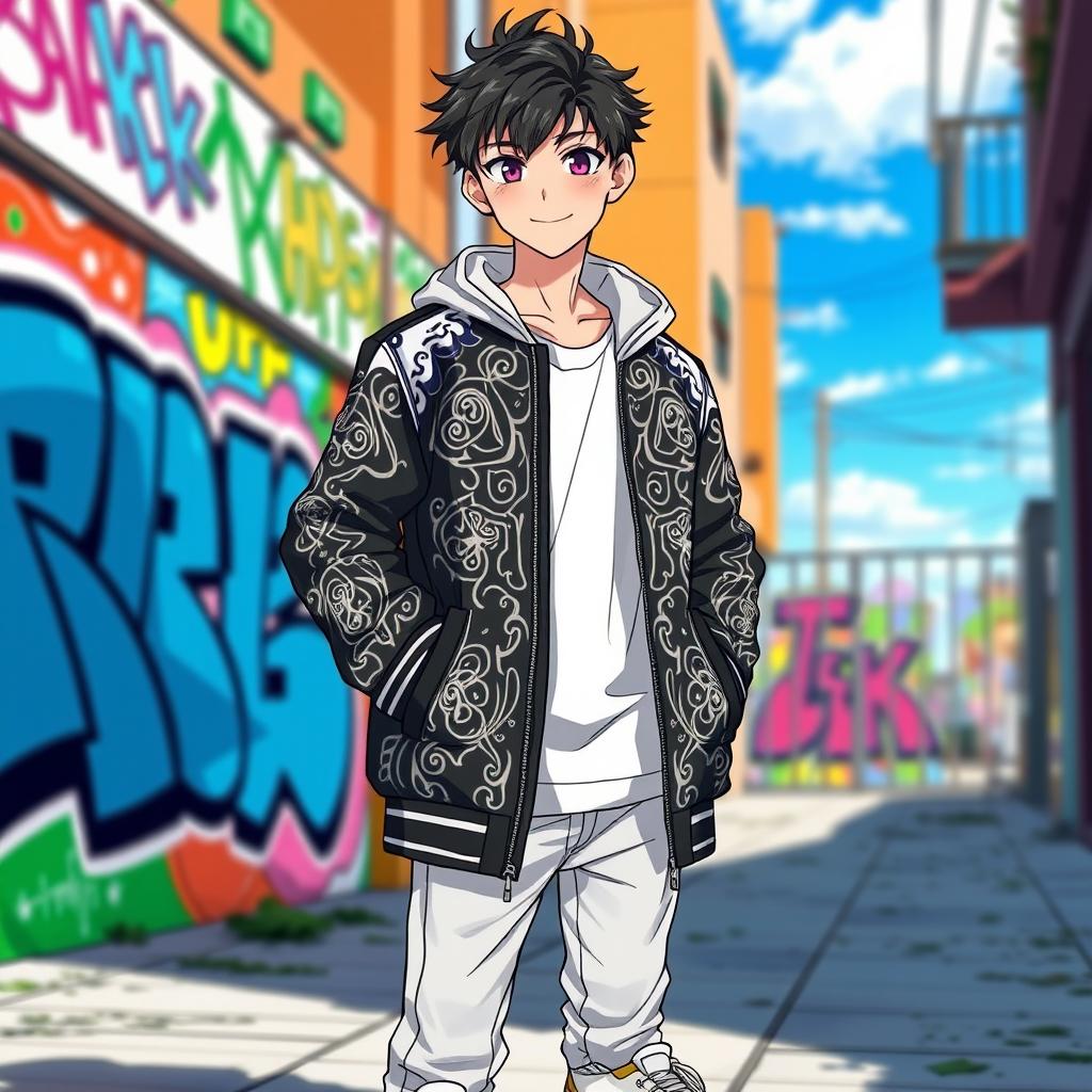 A handsome boy standing confidently while wearing a stylish black and white jacket, depicted in anime style