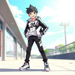 A boy standing confidently in a striking black and white jacket, depicted in anime style