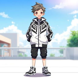 A boy standing confidently in a striking black and white jacket, depicted in anime style