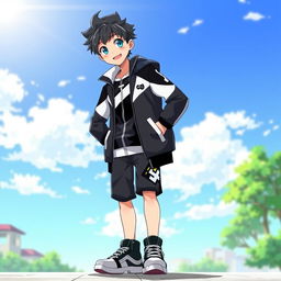 A boy standing confidently in a striking black and white jacket, depicted in anime style