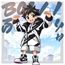 A boy standing confidently in a striking black and white jacket, depicted in anime style