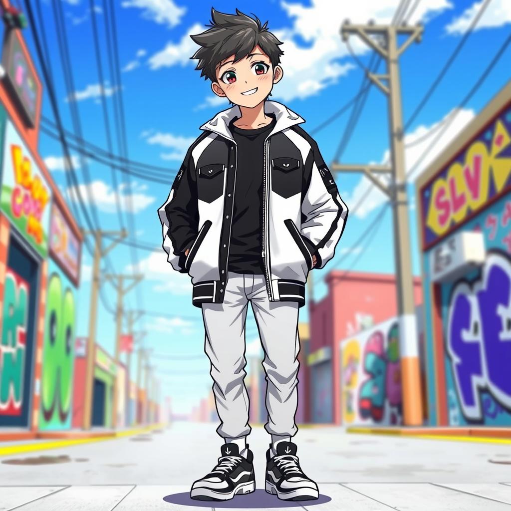 A handsome boy standing confidently in a stylish black and white jacket, depicted in anime style