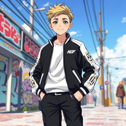 A handsome boy standing confidently in a stylish black and white jacket, depicted in anime style
