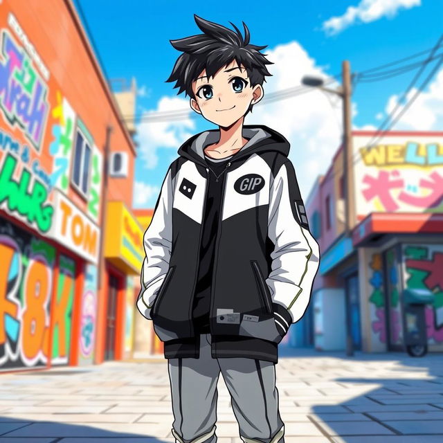 A handsome boy standing confidently in a stylish black and white jacket, depicted in anime style