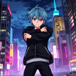 A dynamic anime character standing confidently with arms crossed, wearing a stylish black jacket