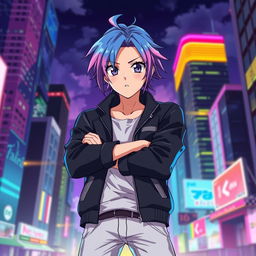 A dynamic anime character standing confidently with arms crossed, wearing a stylish black jacket